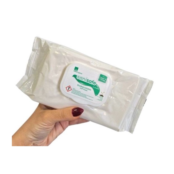 Click for a bigger picture.Sanisafe 50gsm Biodegradable Wipe flowpack