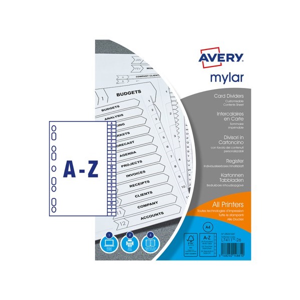 Click for a bigger picture.Avery Mylar Divider A-Z A4 Punched 150gsm