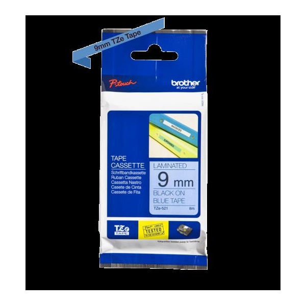 Click for a bigger picture.Brother Black On Blue Label Tape 9mm x 8m