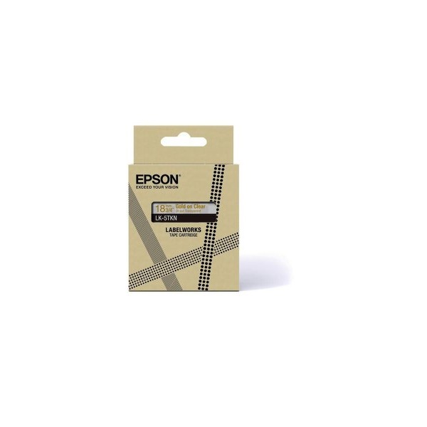 Click for a bigger picture.Epson LK-5TKN Gold on Metallic Clear Tape